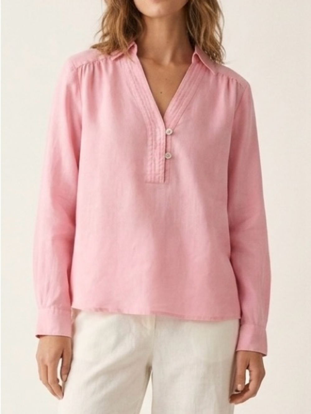 Grae Cove Pink Serena Linen V-Neck Popover Blouse S Coastal Granddaughter